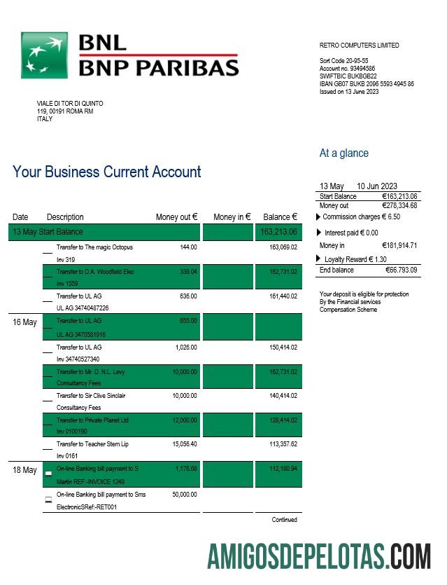 Realista BNL Bank Enterprise Statement Modelo Word e PDF